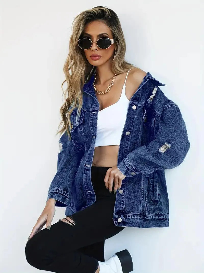 Dames Oversized Gevoerde Denim Jas met Waterafstotende Stof