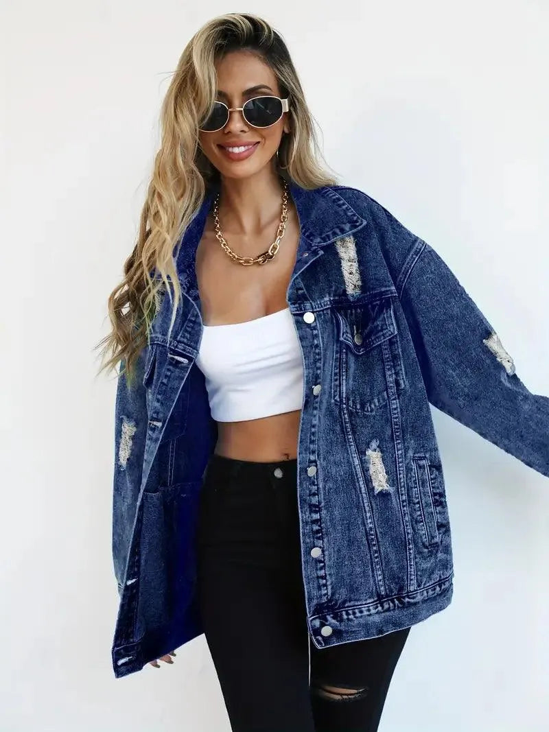 Dames Oversized Gevoerde Denim Jas met Waterafstotende Stof
