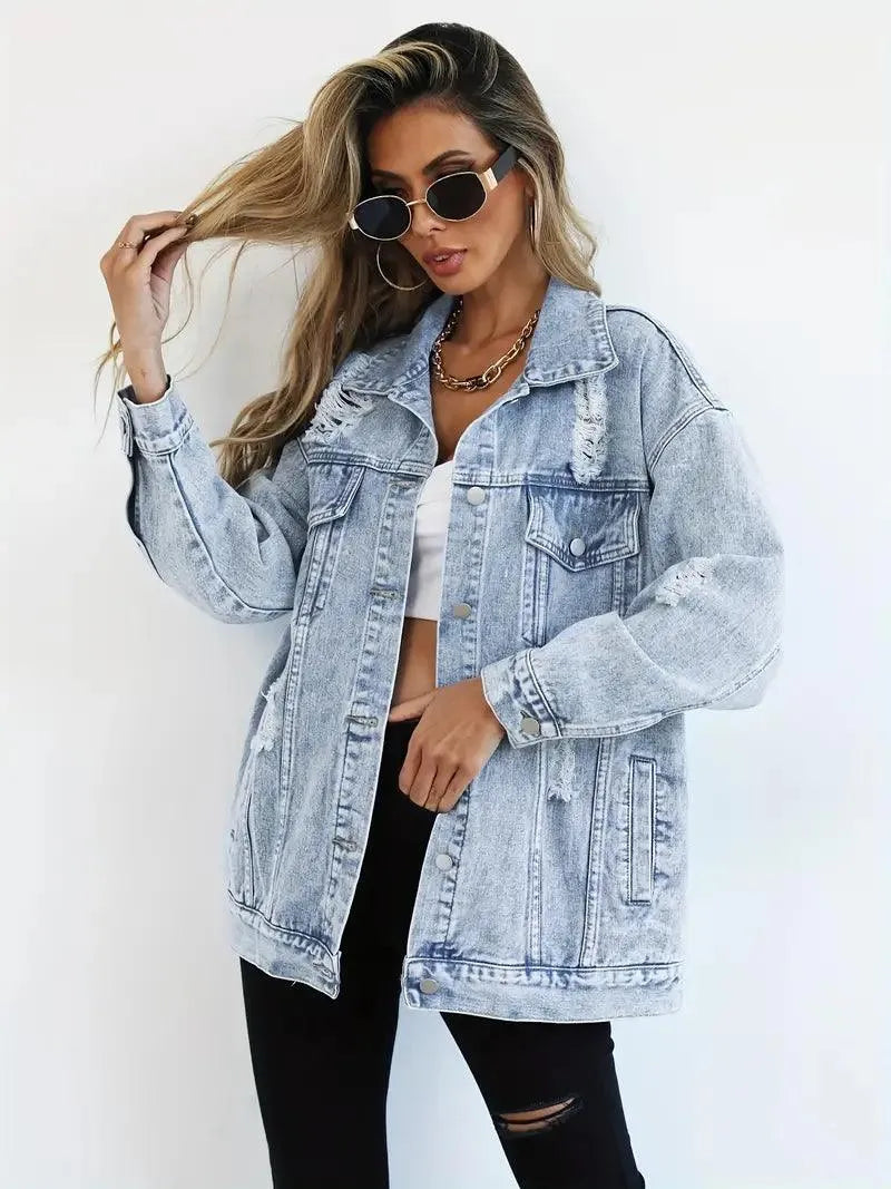 Dames Oversized Gevoerde Denim Jas met Waterafstotende Stof
