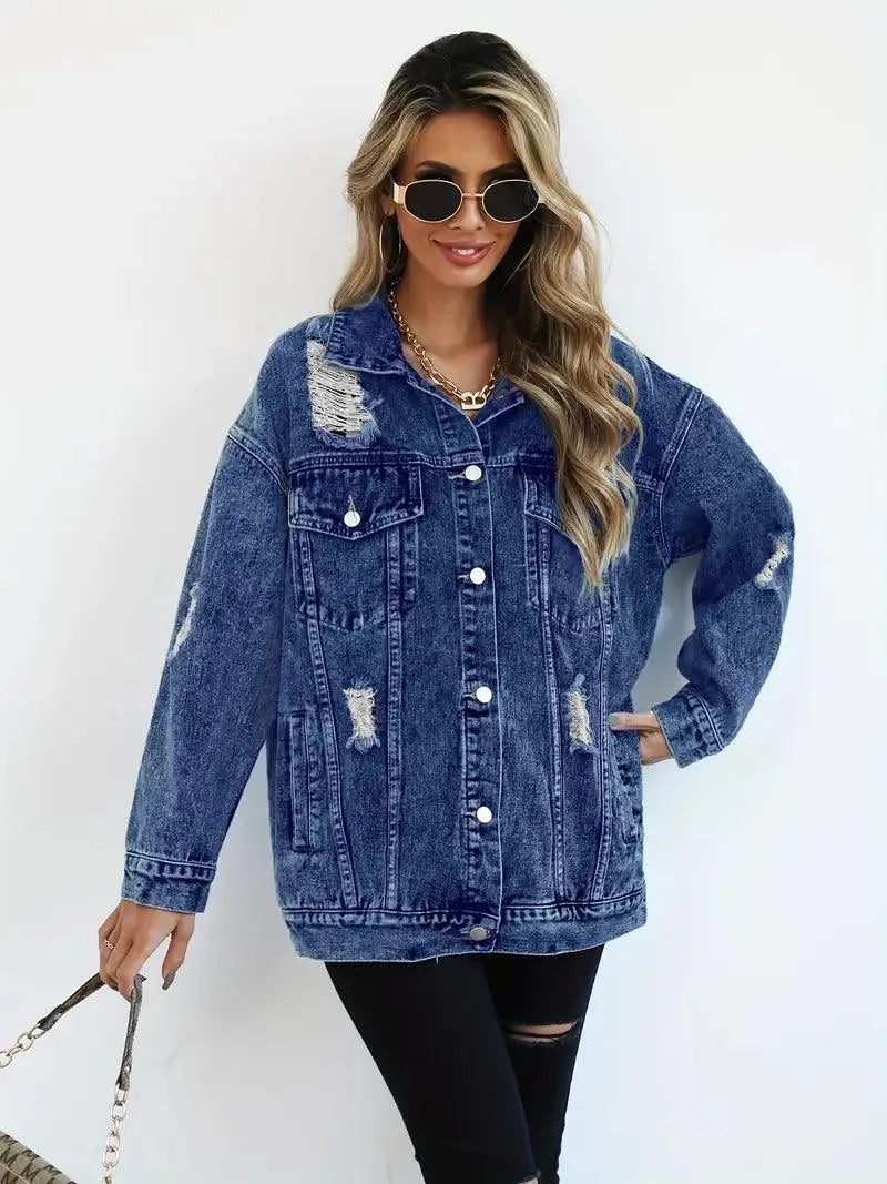 Dames Oversized Gevoerde Denim Jas met Waterafstotende Stof Donkerblauw