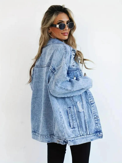 Dames Oversized Gevoerde Denim Jas met Waterafstotende Stof