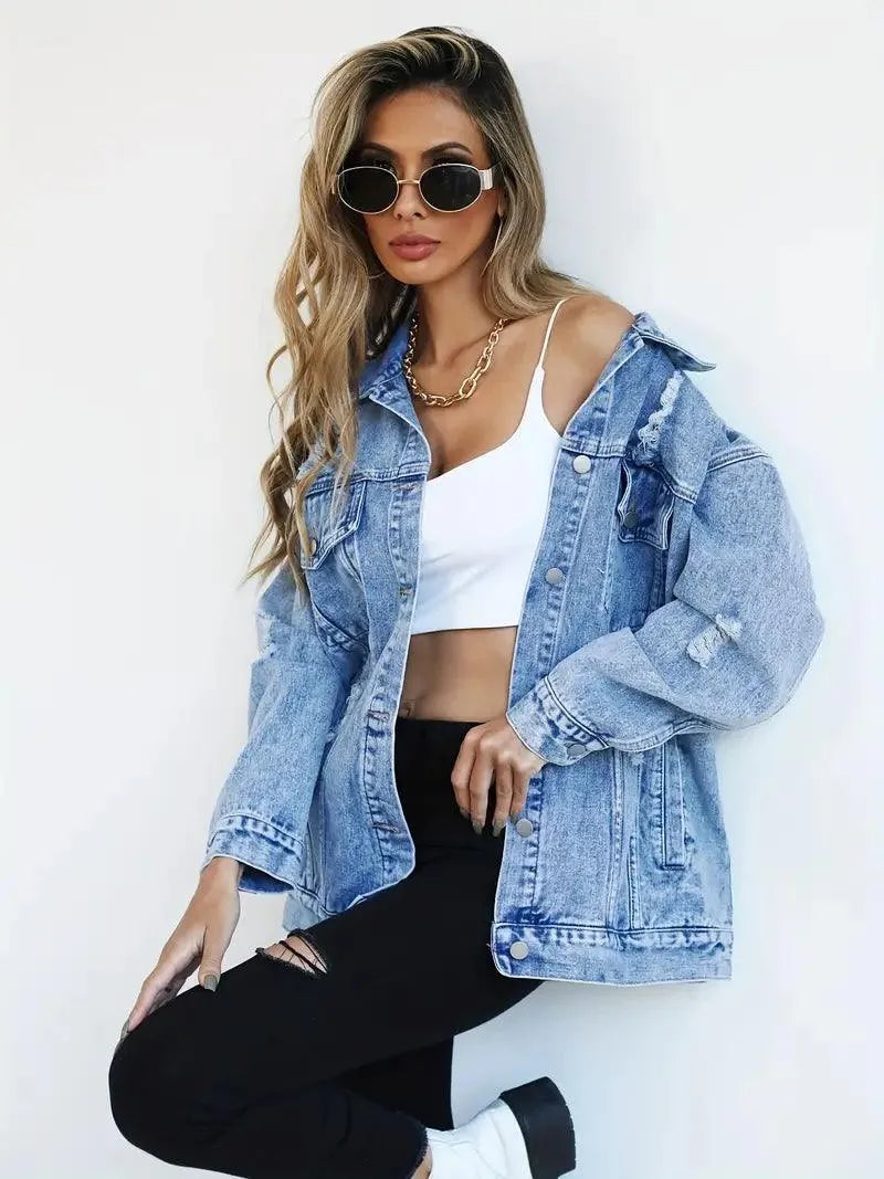 Dames Oversized Gevoerde Denim Jas met Waterafstotende Stof
