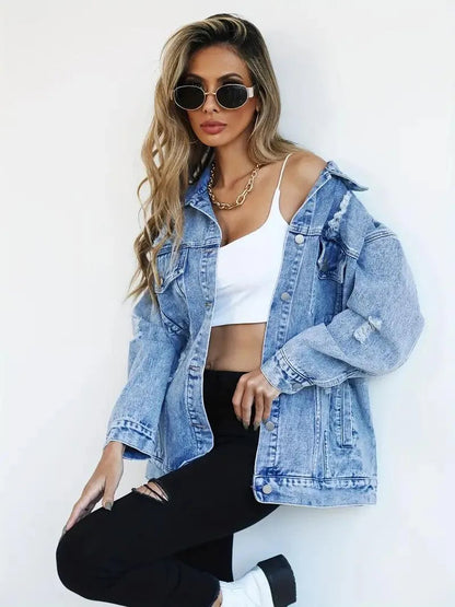 Dames Oversized Gevoerde Denim Jas met Waterafstotende Stof