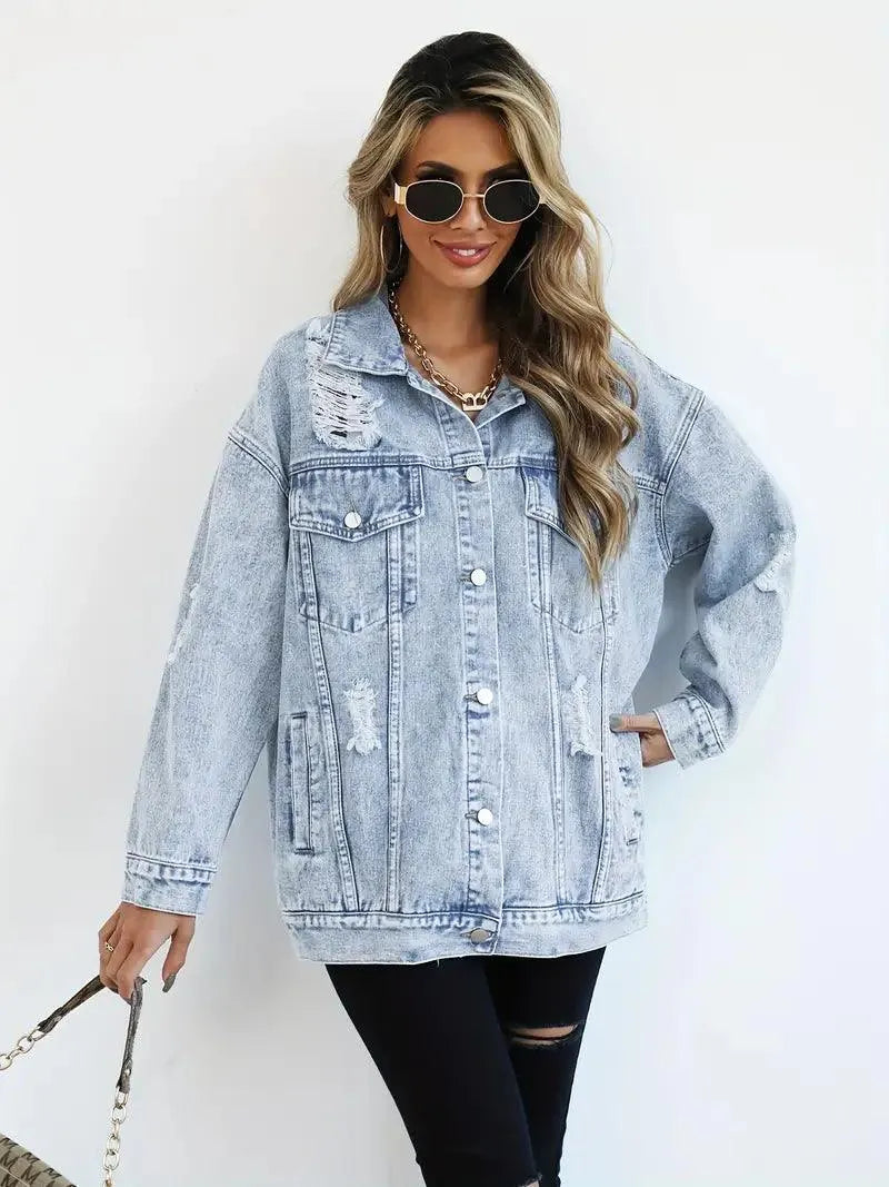 Dames Oversized Gevoerde Denim Jas met Waterafstotende Stof