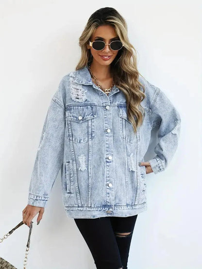 Dames Oversized Gevoerde Denim Jas met Waterafstotende Stof