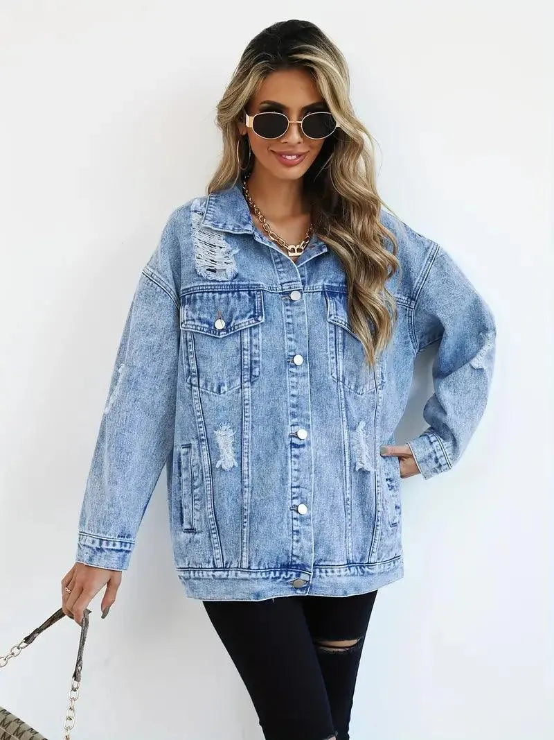 Dames Oversized Gevoerde Denim Jas met Waterafstotende Stof