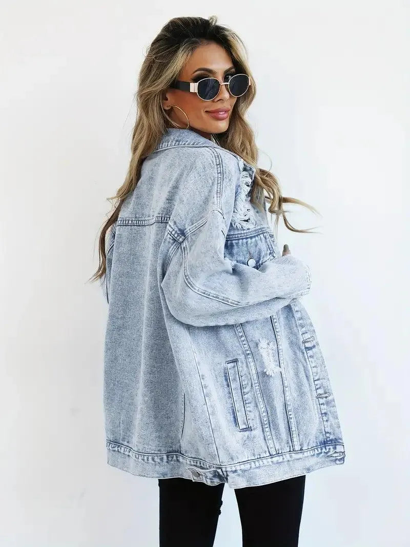 Dames Oversized Gevoerde Denim Jas met Waterafstotende Stof Lichtblauw