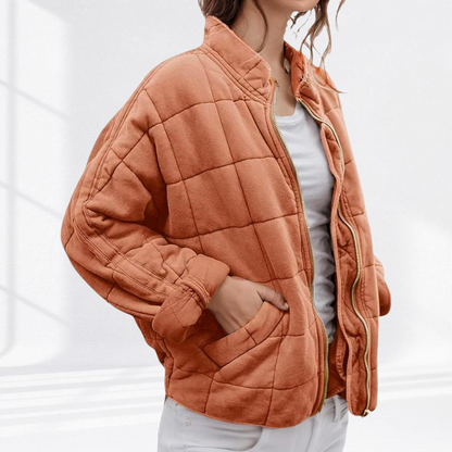Dames Oversized Gewatteerde Bomberjack met Staande Kraag Perzik