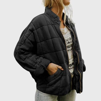 Dames Oversized Gewatteerde Bomberjack met Staande Kraag Zwart