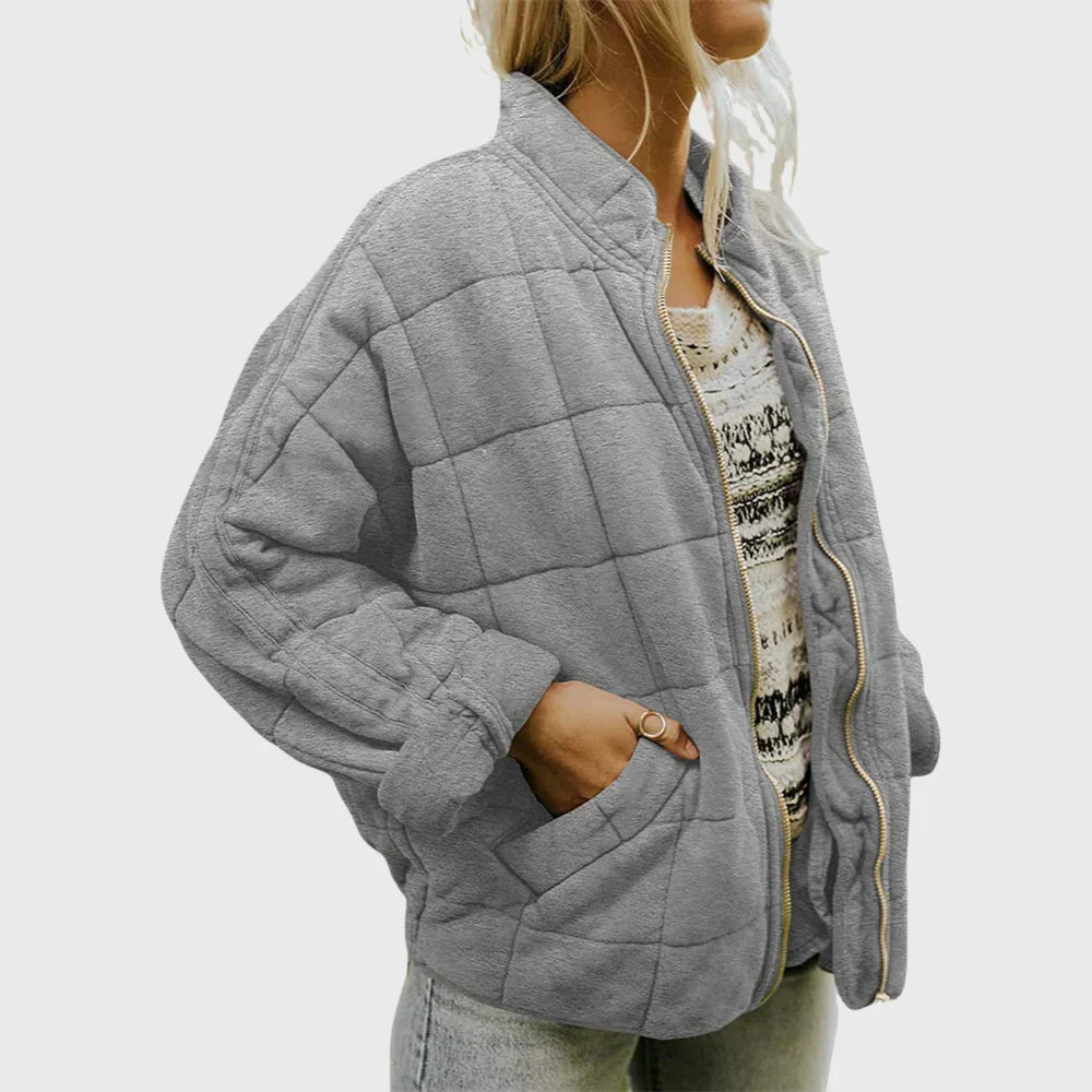 Dames Oversized Gewatteerde Bomberjack met Staande Kraag Grijs