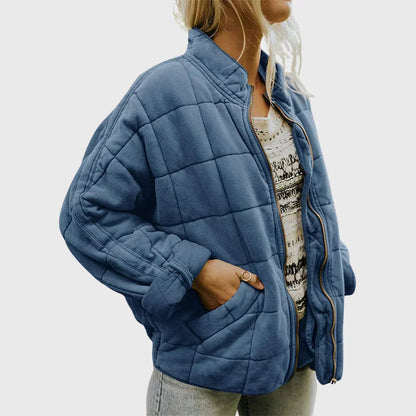 Dames Oversized Gewatteerde Bomberjack met Staande Kraag Blauw