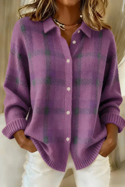 Dames Oversized Shirt met Geruit Patroon, Kraag en Knoopsluiting Paars