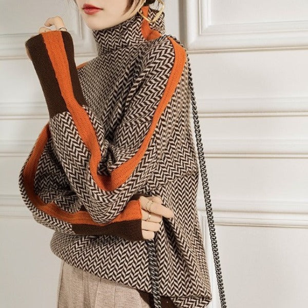 Dames Oversized Sweater met Col en Visgraatpatroon