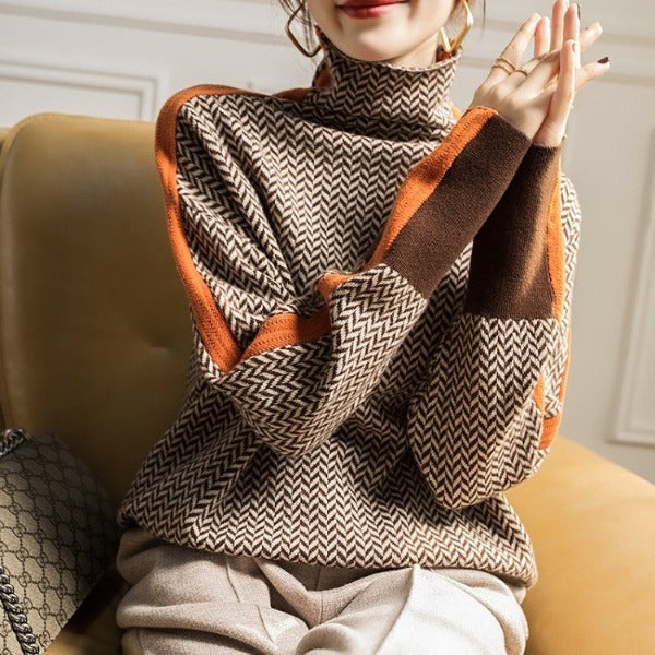 Dames Oversized Sweater met Col en Visgraatpatroon