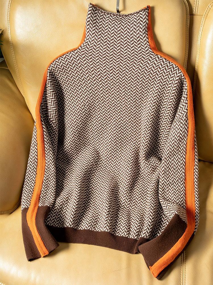 Dames Oversized Sweater met Col en Visgraatpatroon Oranje