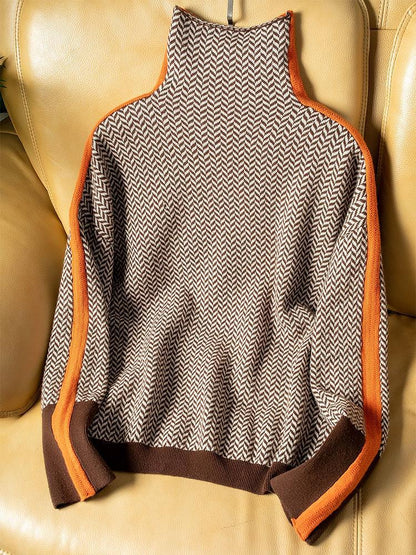 Dames Oversized Sweater met Col en Visgraatpatroon Oranje