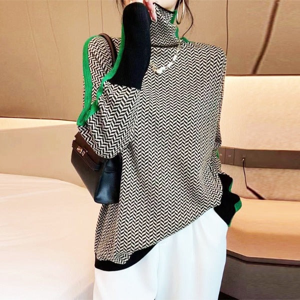 Dames Oversized Sweater met Col en Visgraatpatroon
