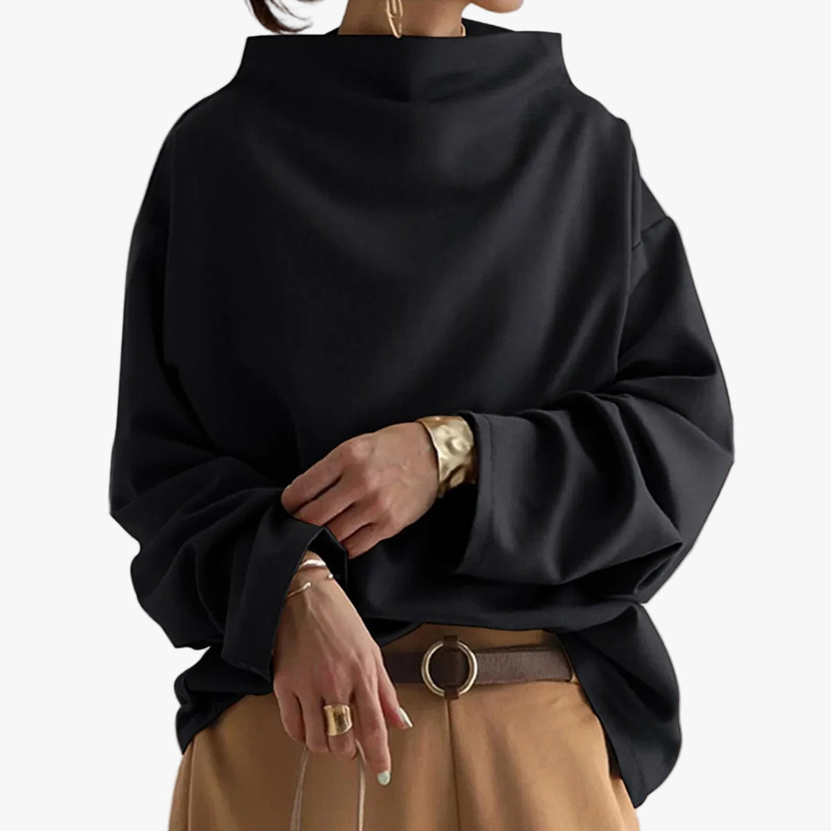 Dames Oversized Sweater met Hoge Kraag en Drop Shoulders Zwart