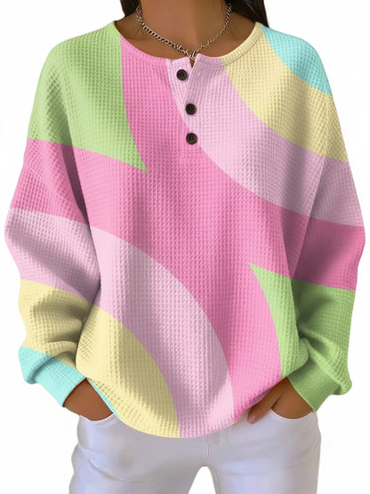 Dames Oversized Sweater met Ronde Hals en Knopen en Geometrisch Patroon Roze Groen Geel