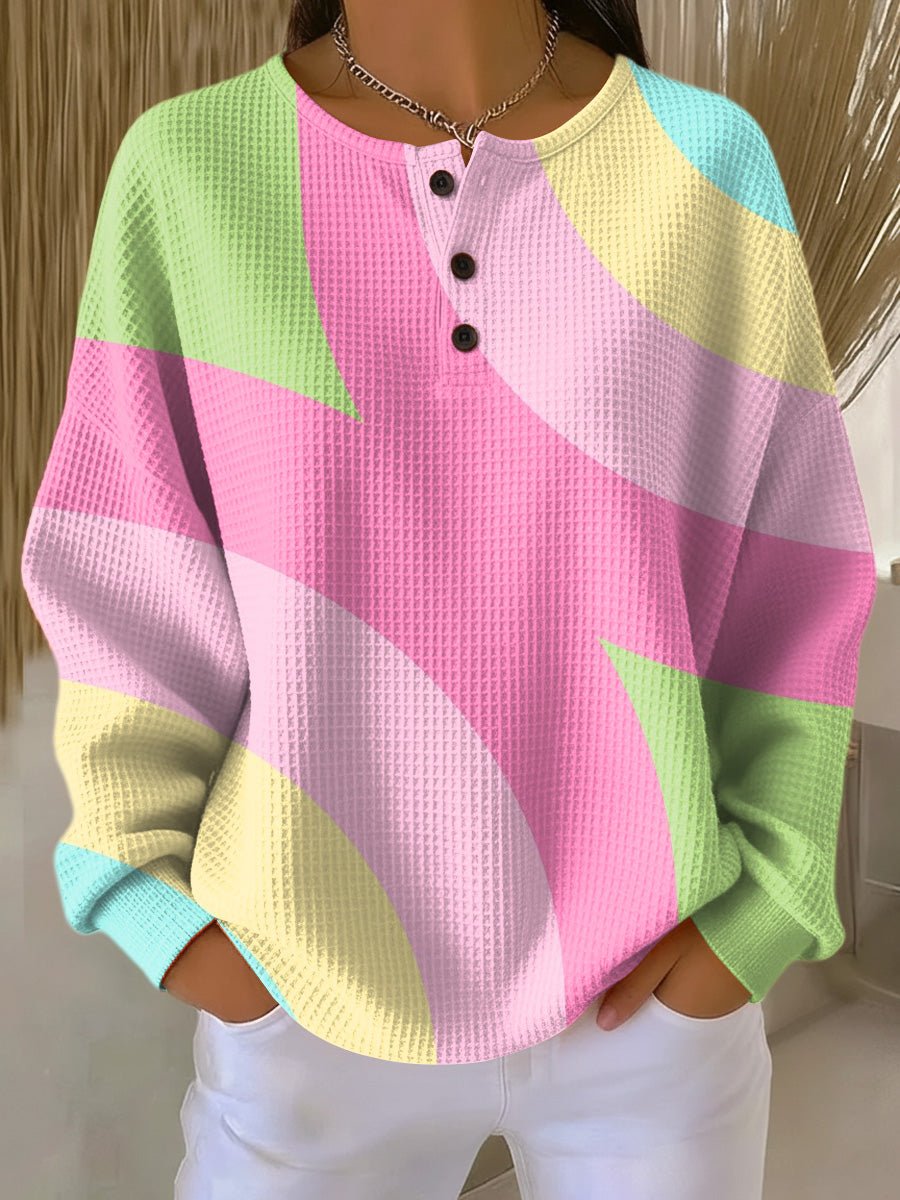 Dames Oversized Sweater met Ronde Hals en Knopen en Geometrisch Patroon