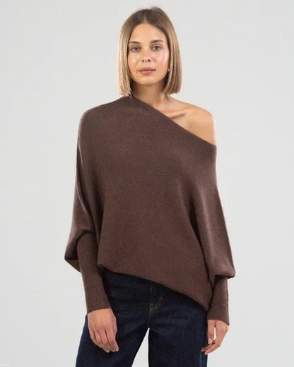 Dames Oversized Sweater met Sloophals en Vleermuismouwen Donkerbruin