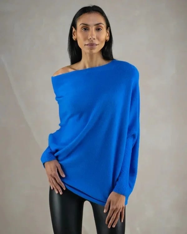 Dames Oversized Sweater met Sloophals en Vleermuismouwen Blauw