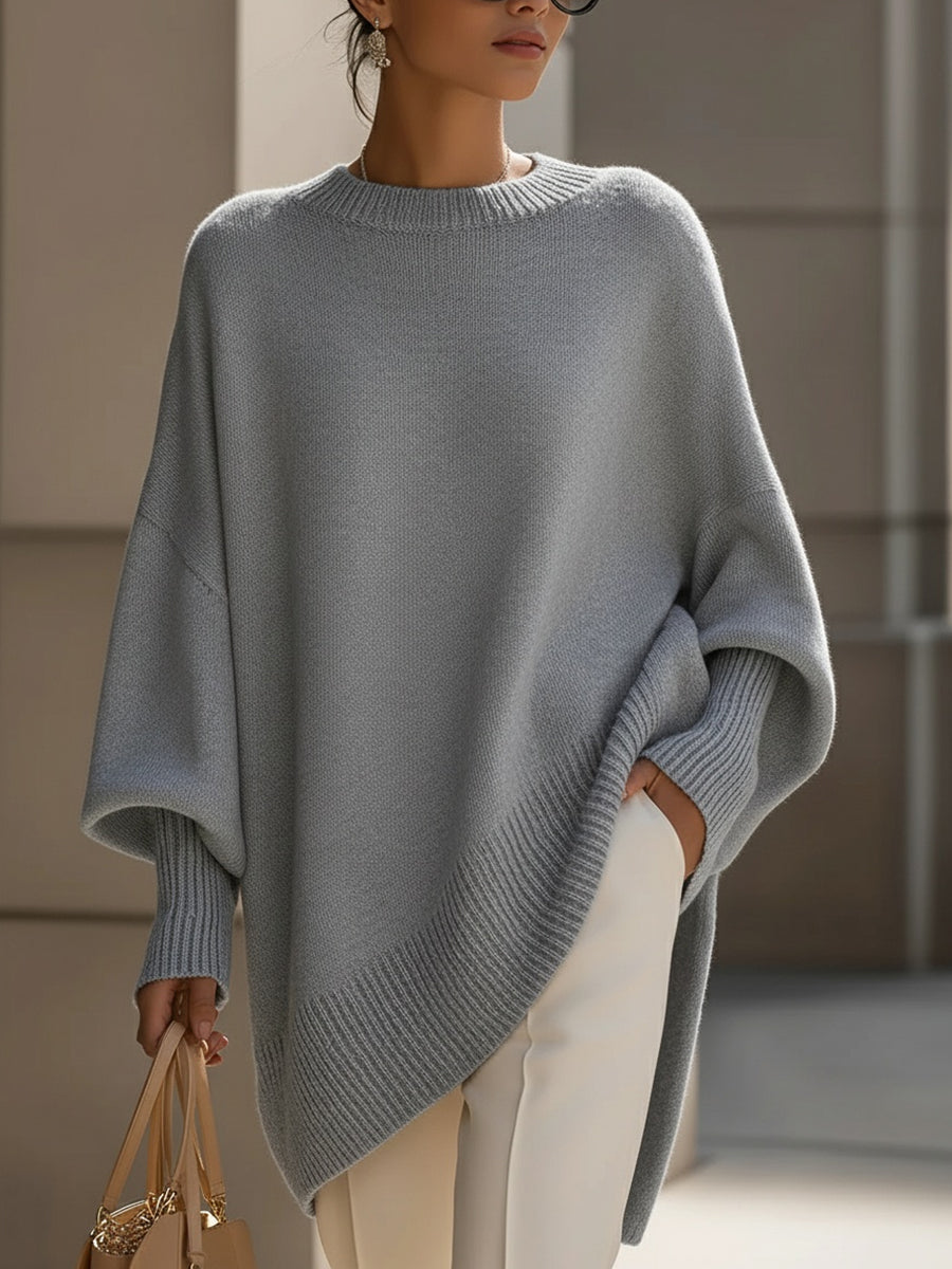 Dames Oversized Sweater met Vleermuismouw en Ronde Hals Grijs
