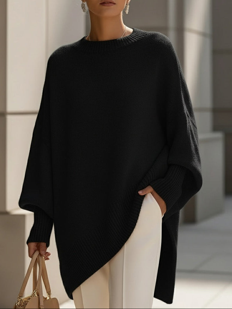 Dames Oversized Sweater met Vleermuismouw en Ronde Hals Zwart