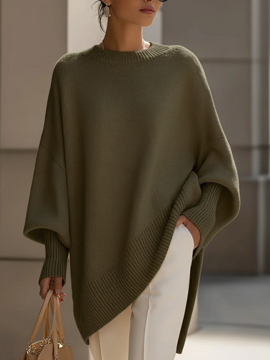 Dames Oversized Sweater met Vleermuismouw en Ronde Hals Olijfgroen