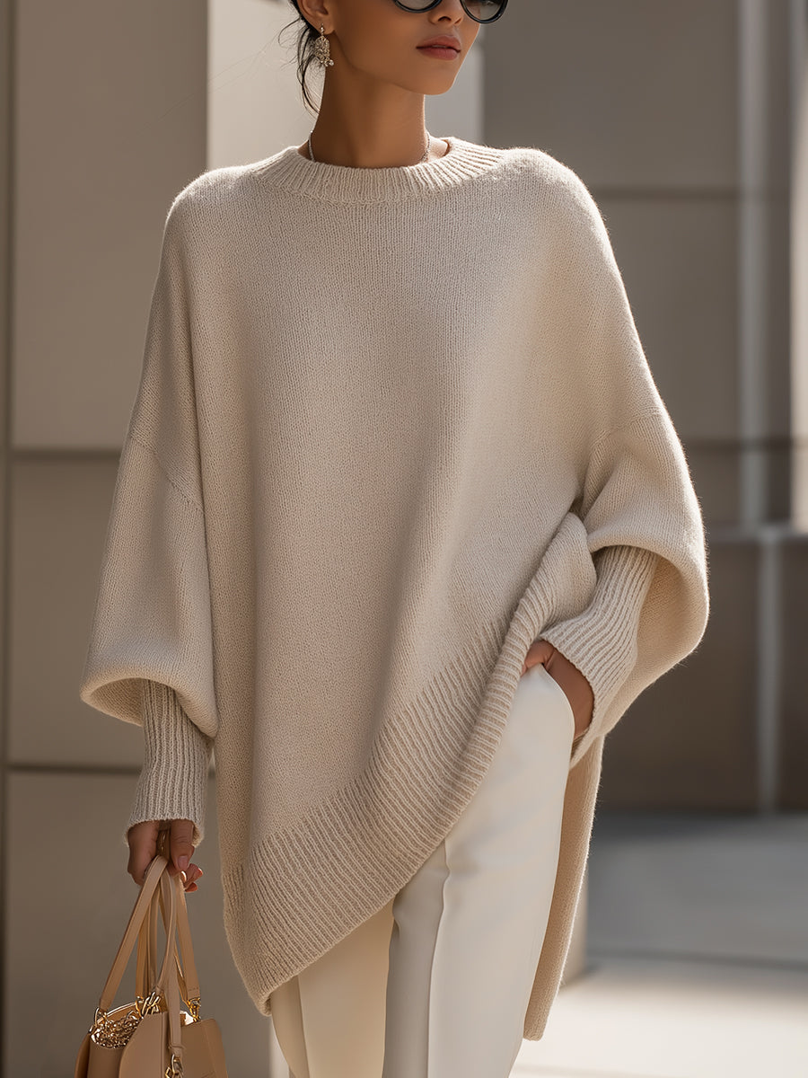 Dames Oversized Sweater met Vleermuismouw en Ronde Hals Beige