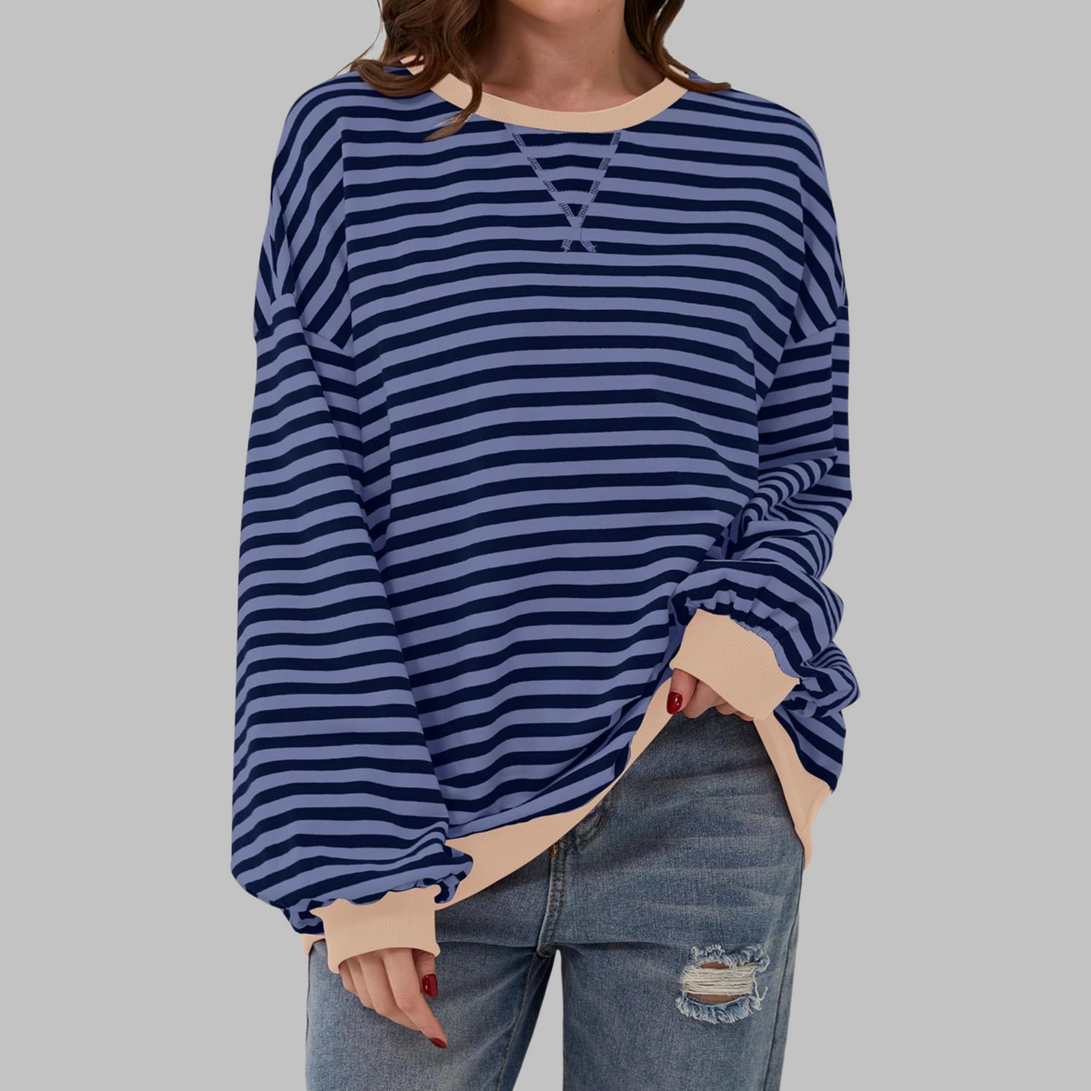 Dames Oversized Sweatshirt met Ronde Hals en Streeppatroon Blauw