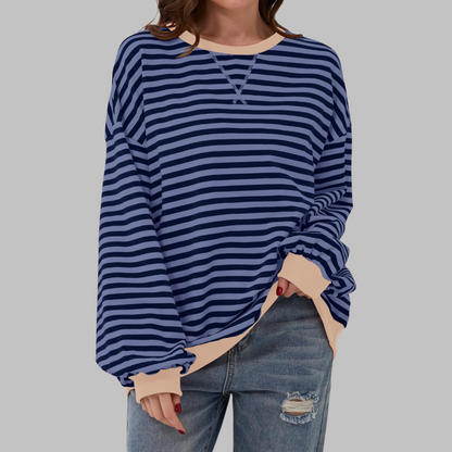 Dames Oversized Sweatshirt met Ronde Hals en Streeppatroon Blauw