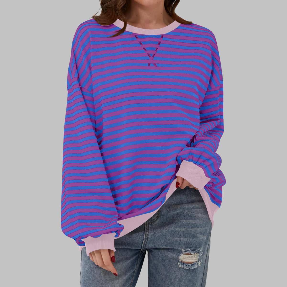 Dames Oversized Sweatshirt met Ronde Hals en Streeppatroon Paars