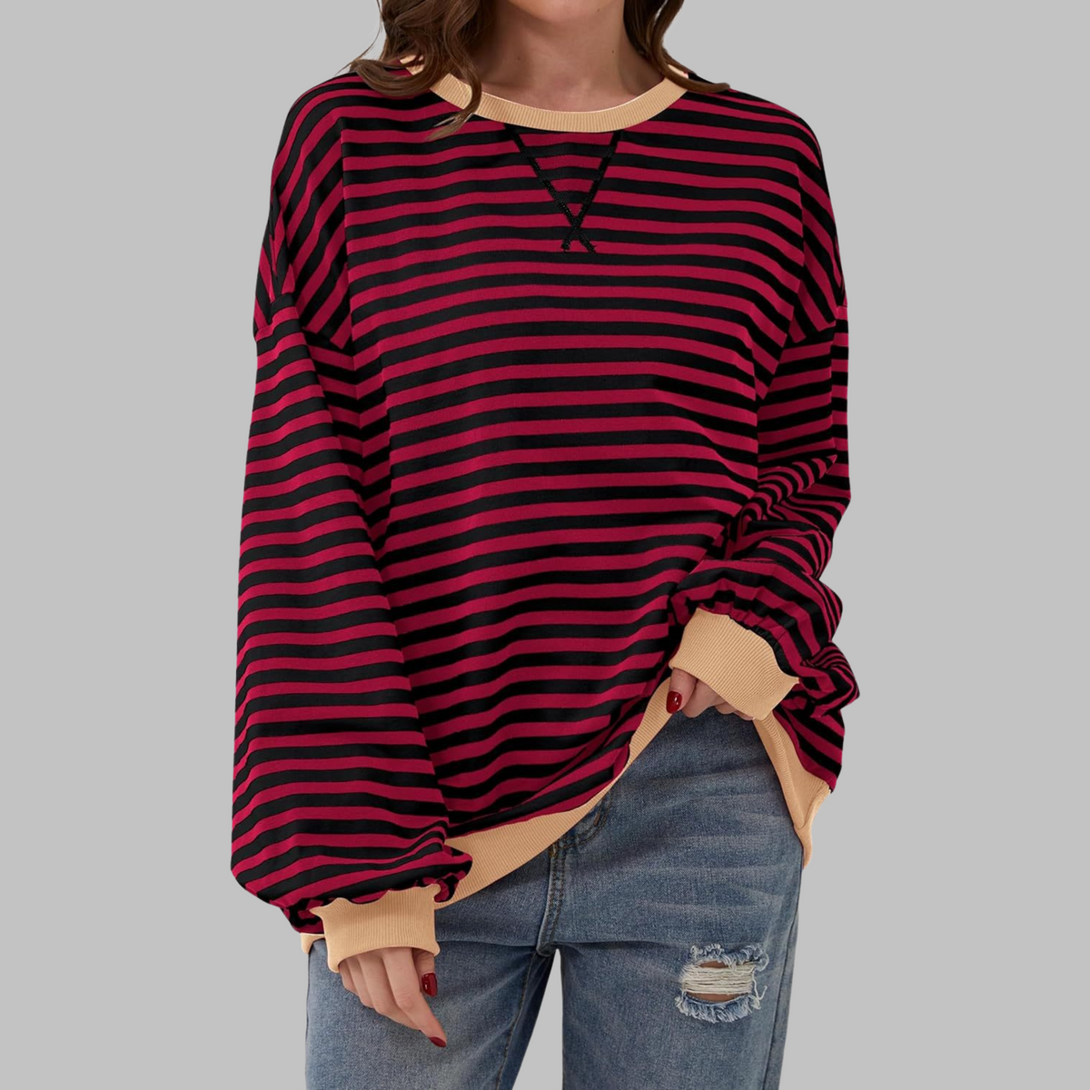 Dames Oversized Sweatshirt met Ronde Hals en Streeppatroon Bordeaux