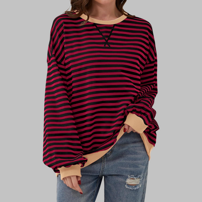Dames Oversized Sweatshirt met Ronde Hals en Streeppatroon Bordeaux