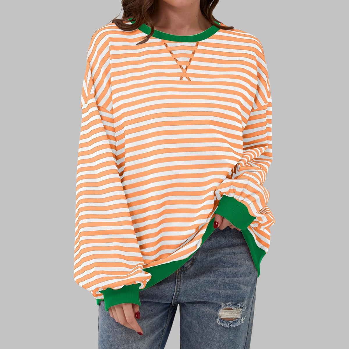 Dames Oversized Sweatshirt met Ronde Hals en Streeppatroon Lichtoranje