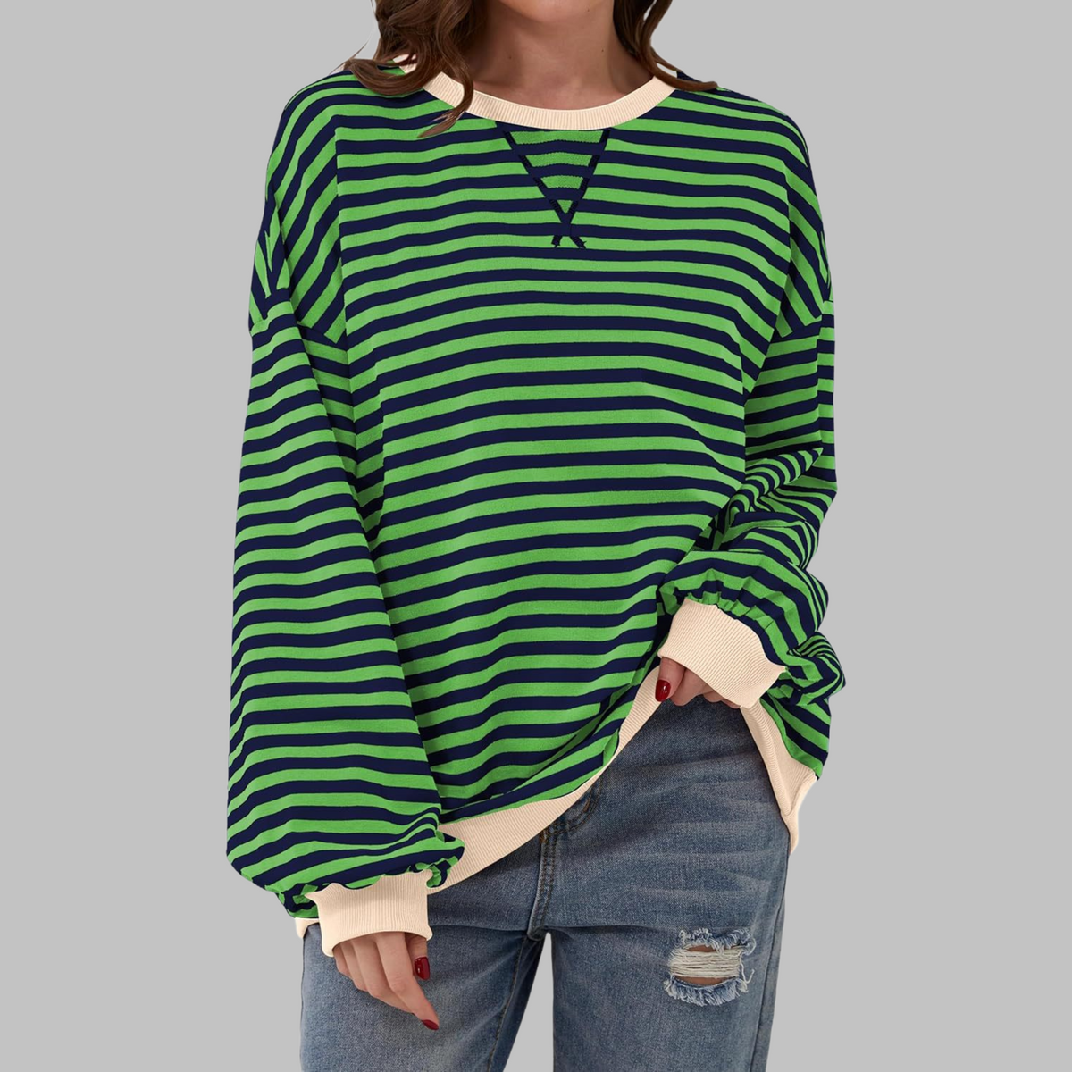 Dames Oversized Sweatshirt met Ronde Hals en Streeppatroon Groen