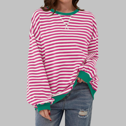 Dames Oversized Sweatshirt met Ronde Hals en Streeppatroon Rozerood