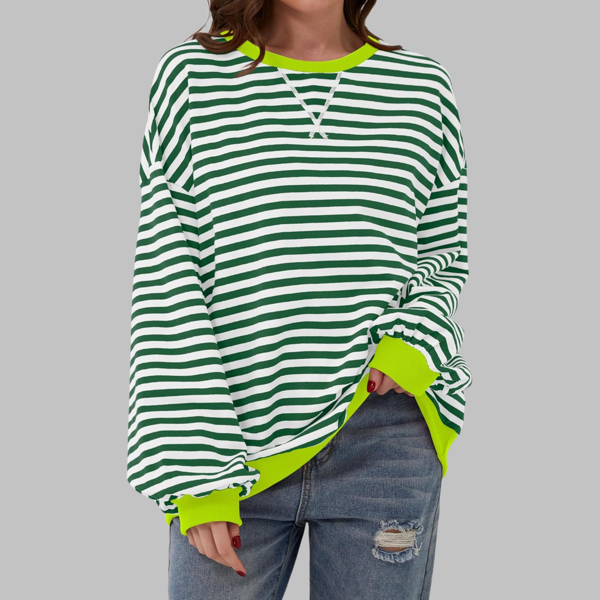 Dames Oversized Sweatshirt met Ronde Hals en Streeppatroon Donkergroen