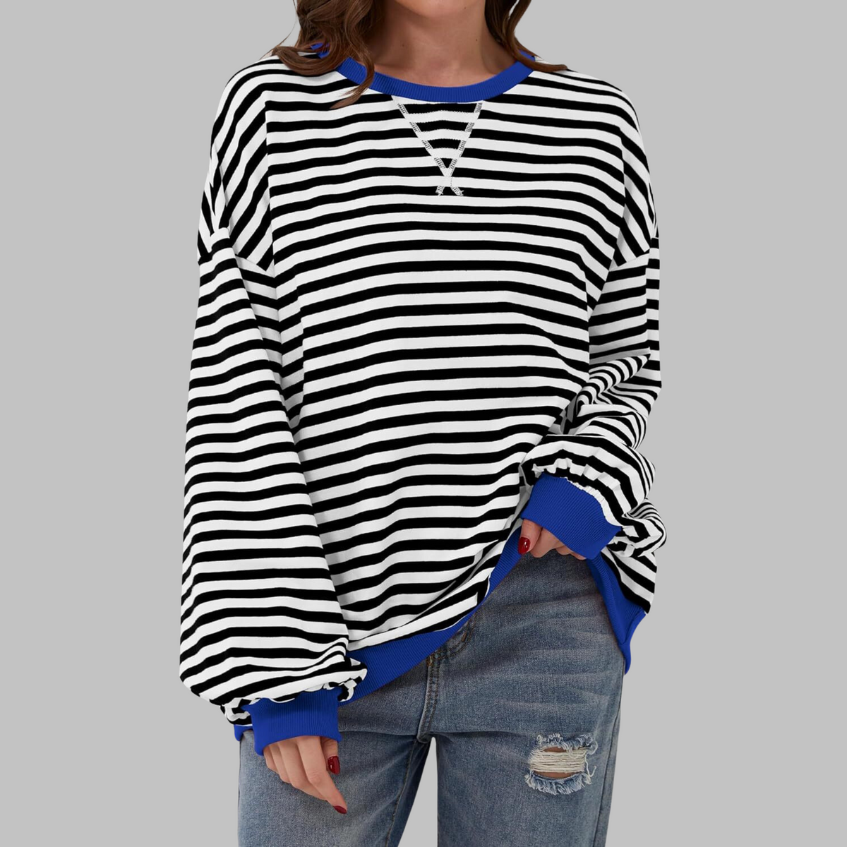 Dames Oversized Sweatshirt met Ronde Hals en Streeppatroon Zwart