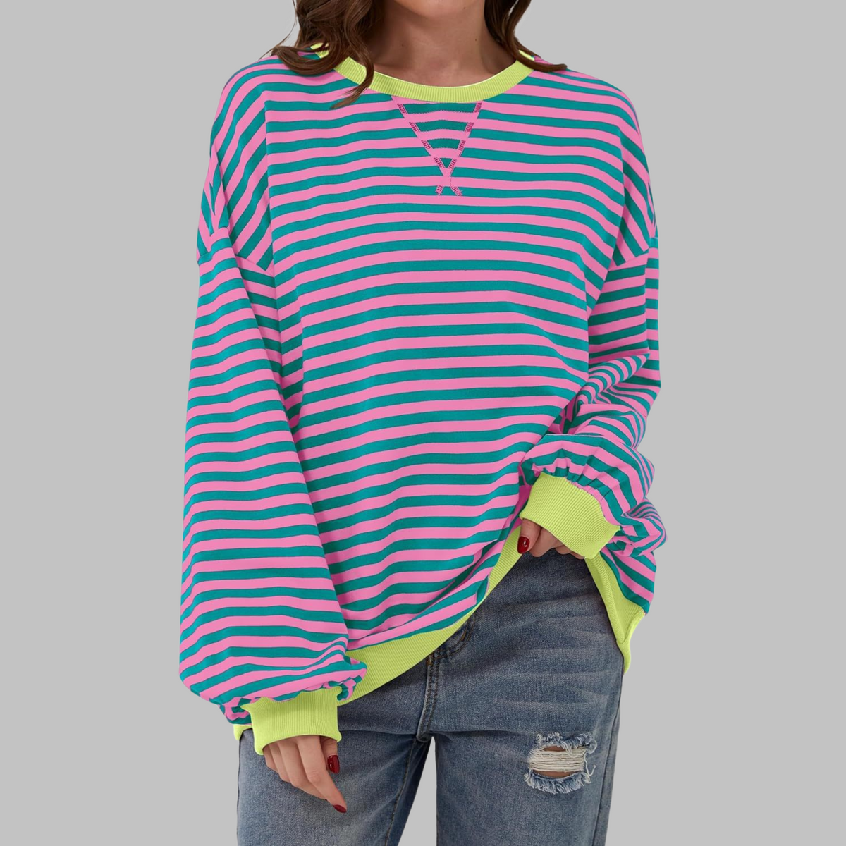 Dames Oversized Sweatshirt met Ronde Hals en Streeppatroon Roze