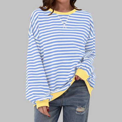 Dames Oversized Sweatshirt met Ronde Hals en Streeppatroon Hemelsblauw