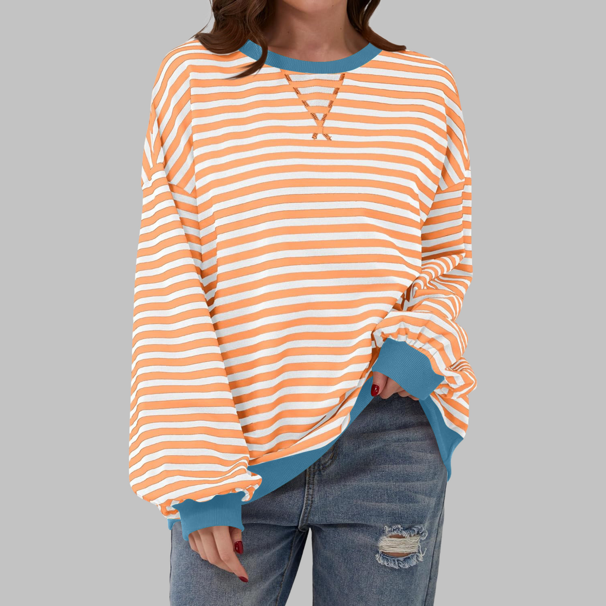 Dames Oversized Sweatshirt met Ronde Hals en Streeppatroon Oranje