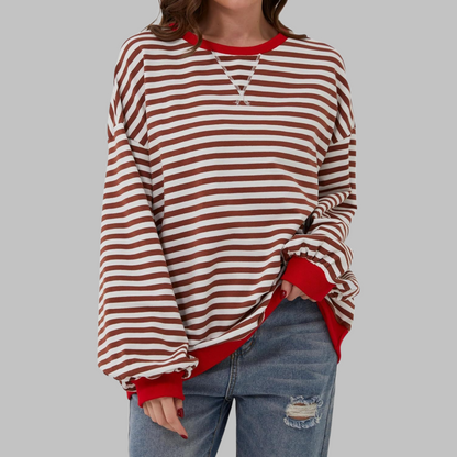 Dames Oversized Sweatshirt met Ronde Hals en Streeppatroon Rood