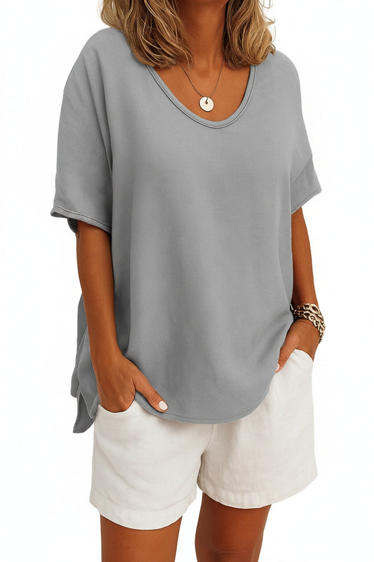 Dames Oversized T-Shirt Korte Mouw met Ronde Hals en Zijsplit