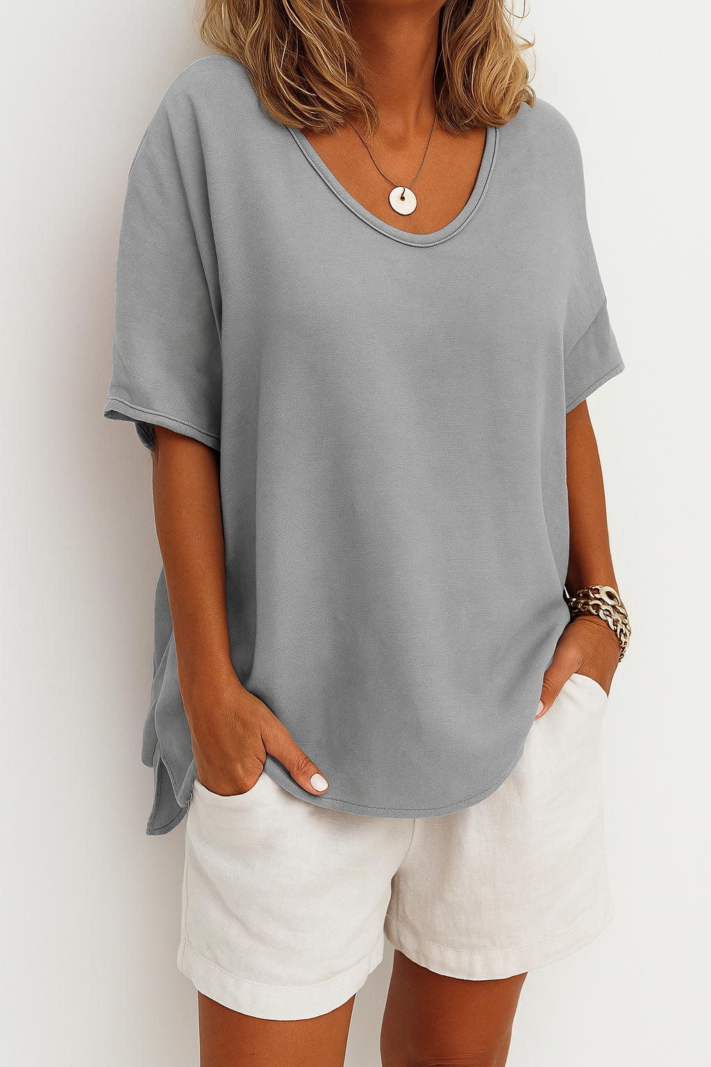Dames Oversized T-Shirt Korte Mouw met Ronde Hals en Zijsplit Grijs