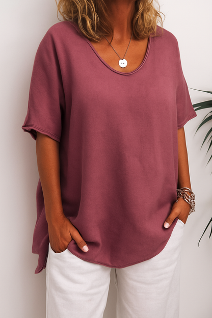 Dames Oversized T-Shirt Korte Mouw met Ronde Hals en Zijsplit Bordeauxrood