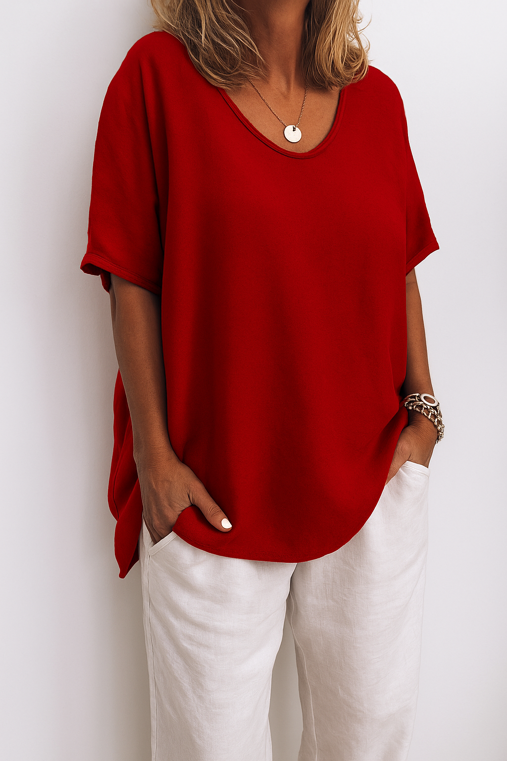 Dames Oversized T-Shirt Korte Mouw met Ronde Hals en Zijsplit Rood