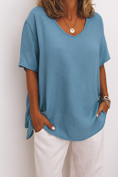Dames Oversized T-Shirt Korte Mouw met Ronde Hals en Zijsplit Blauw