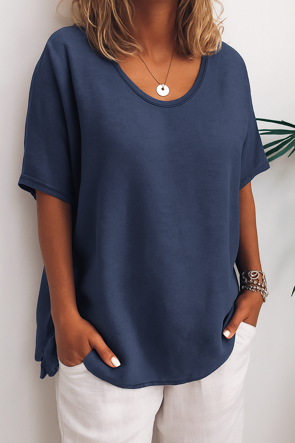 Dames Oversized T-Shirt Korte Mouw met Ronde Hals en Zijsplit Marineblauw
